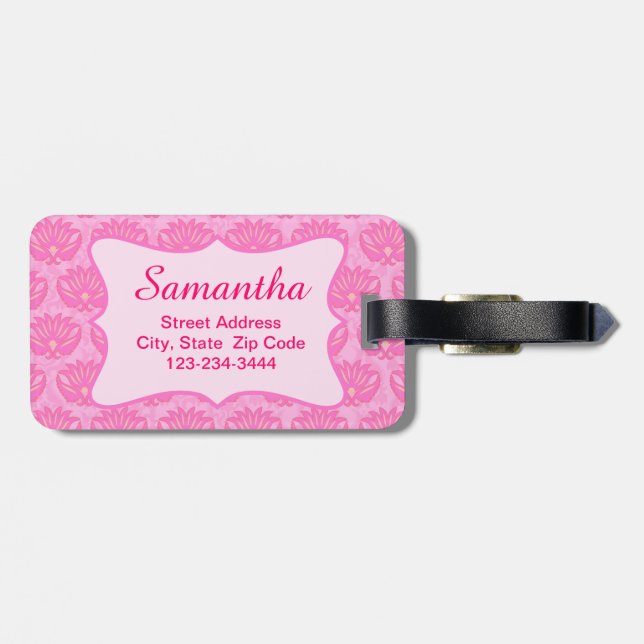 Pink Damask Frauenname Personalisierte Geburt Gepäckanhänger (Rückseite horizontal)