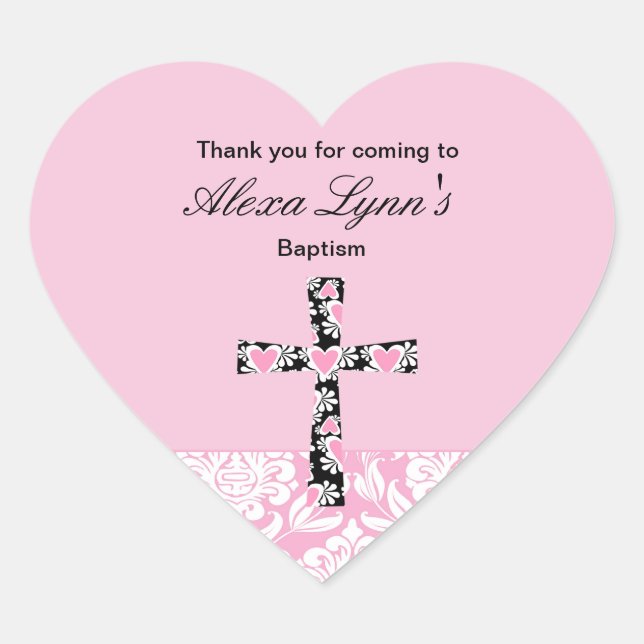 Pink Damask Girls TaufeDanke-Aufkleber Herz-Aufkleber (Vorderseite)