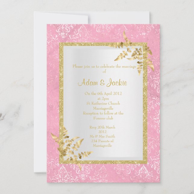 PINK DAMASK GOLD LEAF ELEGANT CLASSY WEDD EINLADUNG (Vorderseite)