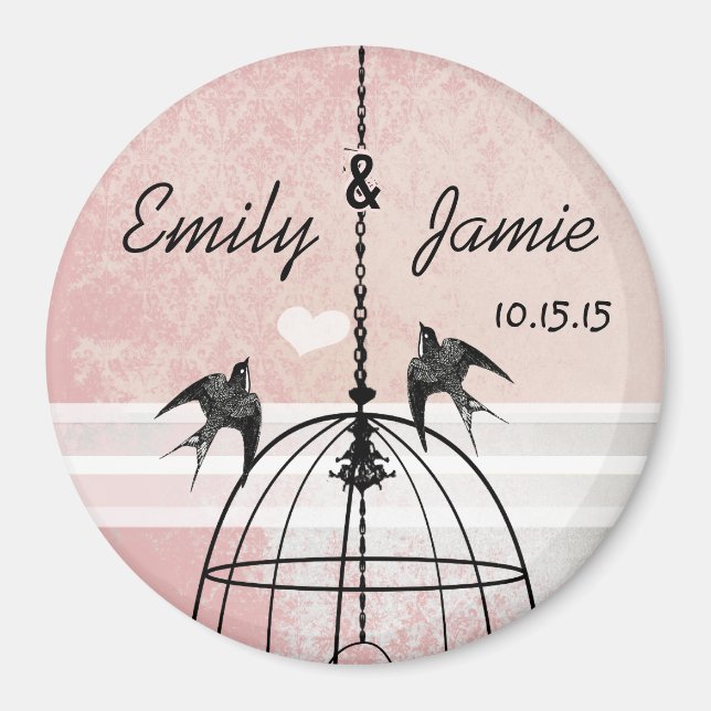 Pink Damask & Grey Bird Cage Wedding Magnet (Vorne)