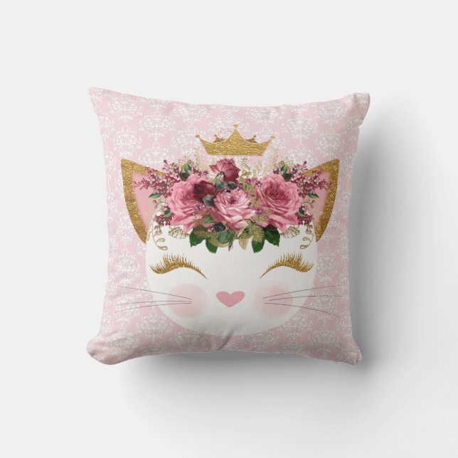 Pink Damask Kitty Throw Kissen (Vorderseite)