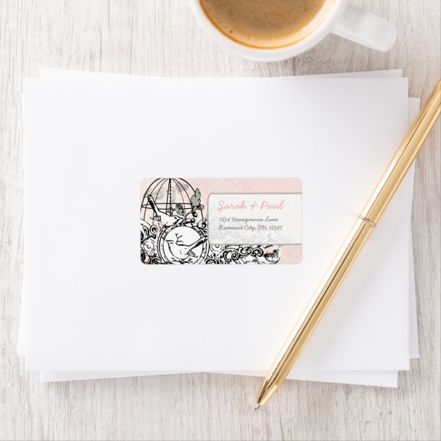 Pink Damask Musical Vintag Bird Centers Address Adressaufkleber (Insitu)