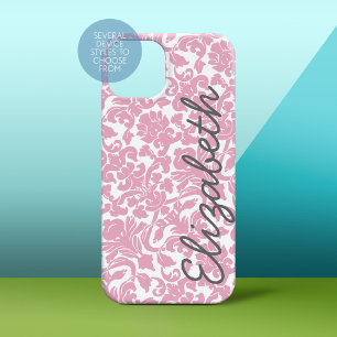 Pink Damask Muster mit grauem Namen Case-Mate iPhone Hülle