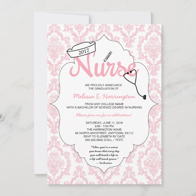 Pink Damask Nurse Abschluss Pinning laden Einladung (Vorderseite)