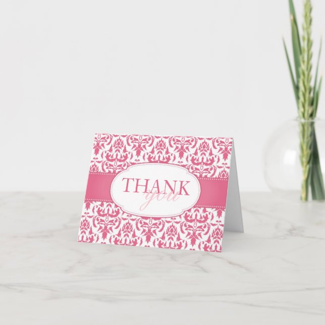 Pink Damask on White Blank Wedding Danke Karte (Vorderseite)