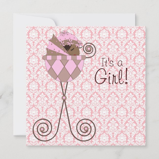 Pink Damask Pink Brown Baby Girl Dusche Einladung (Vorderseite)