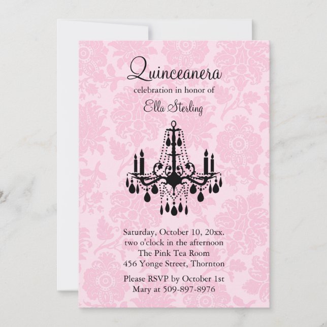 Pink Damask Quinceanera Einladung (Vorderseite)