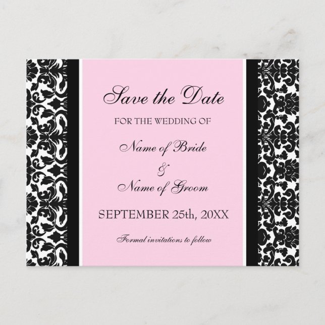 Pink Damask Save the Date Hochzeitskarten Ankündigungspostkarte (Vorderseite)
