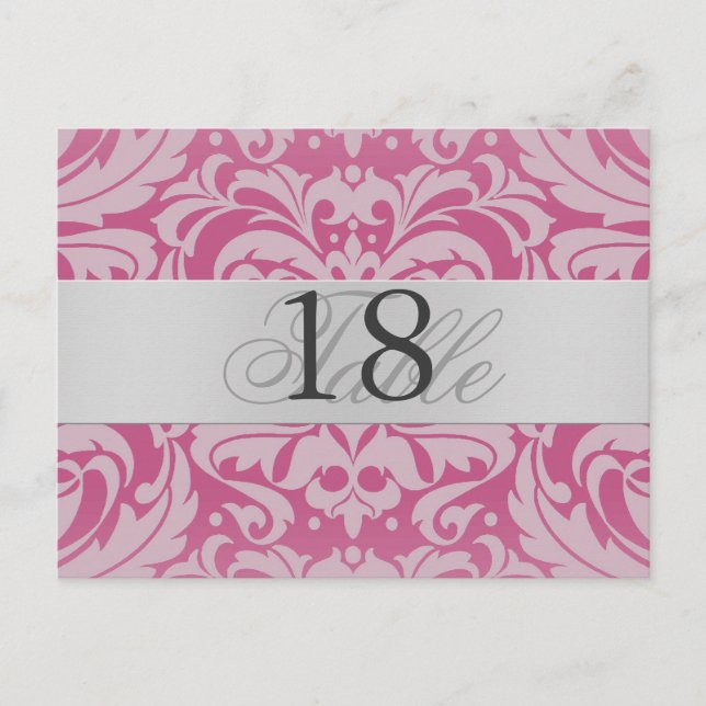 Pink Damask Silver Metal Tischnummer PostCard (Vorderseite)