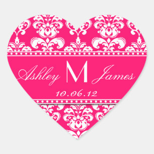 Pink Damask Wedding Favor Sticker