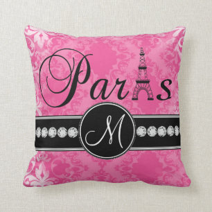 Pink-Damast-Schwarz-Pariser Monogramm-Kissen Kissen