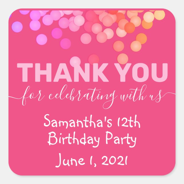 Pink danke Ihnen für das Fest mit uns zum Geburtst Quadratischer Aufkleber (Vorderseite)