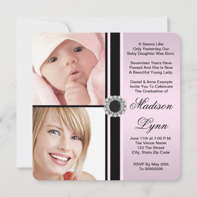 Pink Dann und Jetzt Foto Abschluss Einladung (Vorderseite)