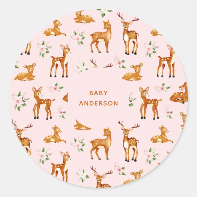 Pink Deer Baby Dusche Runder Aufkleber (Vorderseite)