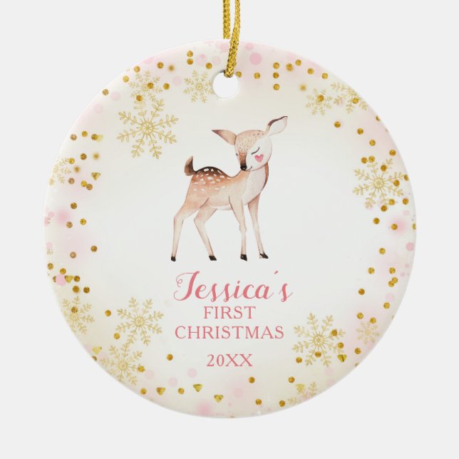 Pink Deer Baby's First Christmas Ornament (Vorne)