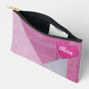 Pink Denim Herz mit Namen Zubehörtasche