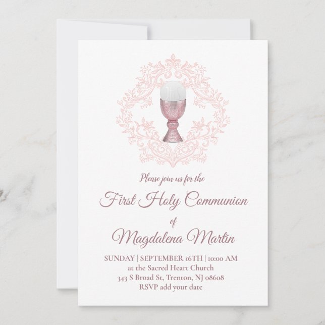 pink design First Communion girl Einladung (Vorderseite)