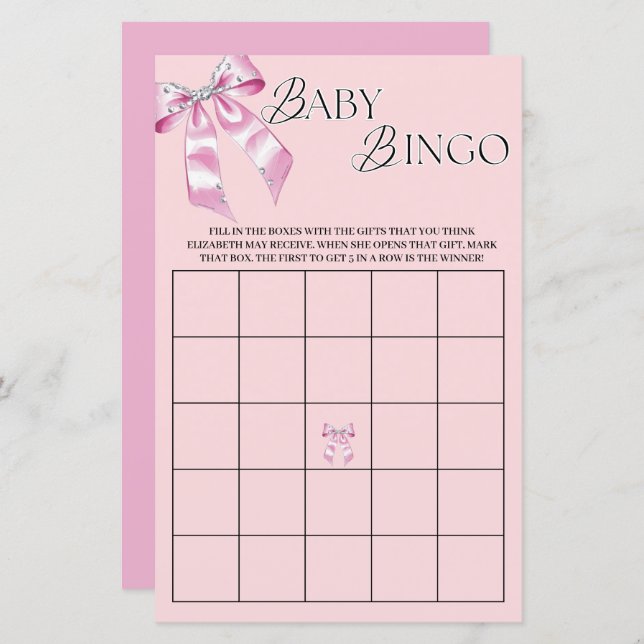 Pink Diamond Coquette Bow Babydusche Bingo (Vorne/Hinten)
