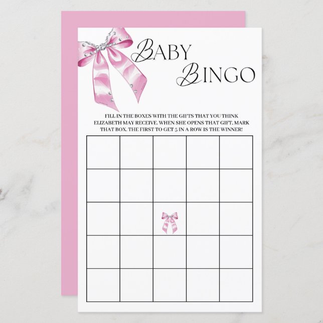 Pink Diamond Coquette Bow Babydusche Bingo (Vorne/Hinten)