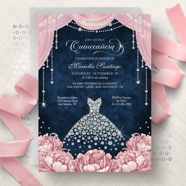 Pink Diamond Floral Quinceanera Invitation Einladung (Von Creator hochgeladen)