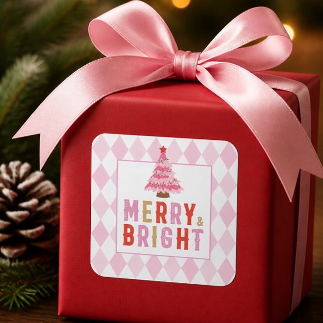 Pink Diamond Muster Merry und Bright Quadratischer Aufkleber (Von Creator hochgeladen)