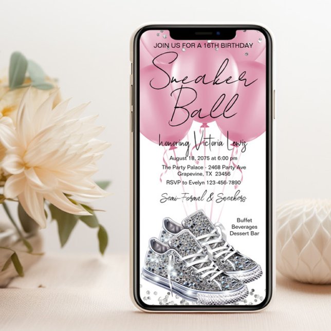 Pink Diamond Sneaker Ball Birthday Party Telefon Einladung (You can change all of the text, font styles, font colors, background color.)