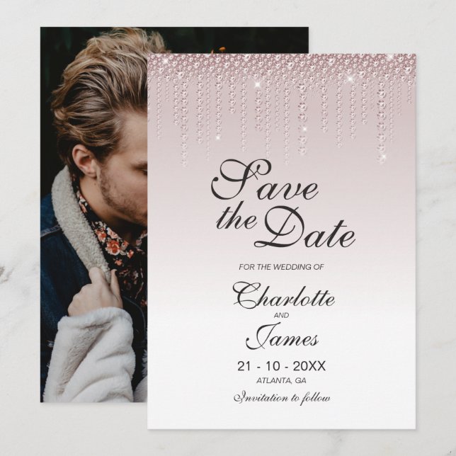 Pink Diamonds Custom Foto Wedding Save The Date (Vorne/Hinten)