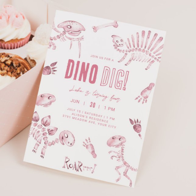 Pink Dino Dig Birthday Einladung (Von Creator hochgeladen)