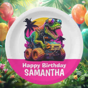 PINK Dino-Mite MONSTER TRUCK Geburtstagspartei Pappteller