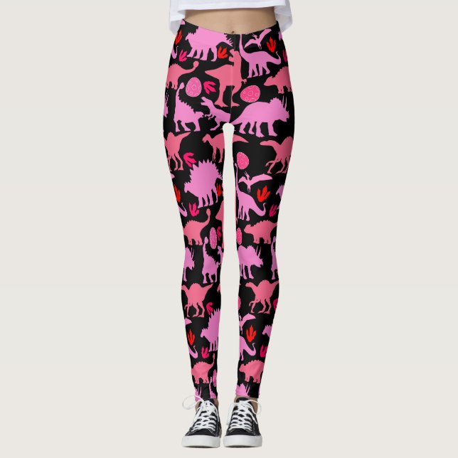 Pink Dino Pattern Black BG Leggings (Vorderseite)