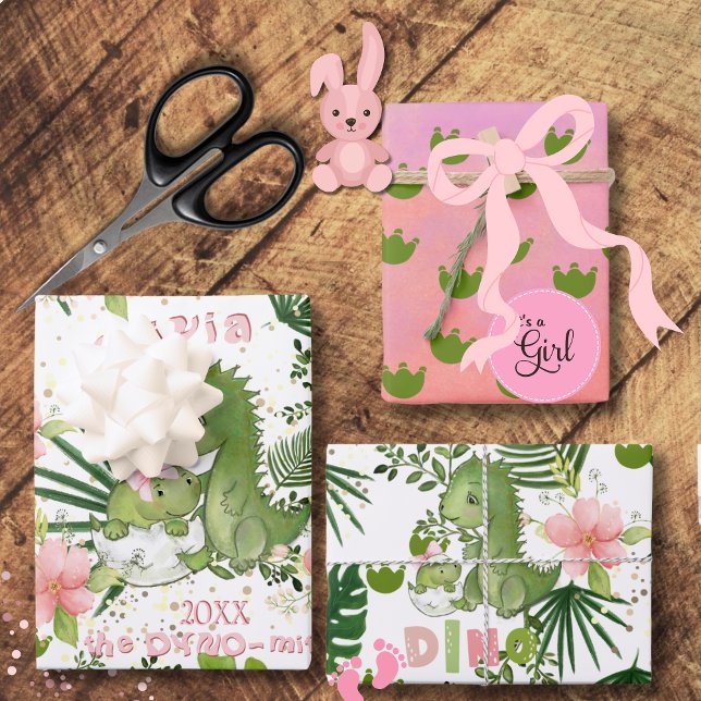 Pink Dino & Tropical Leaves Custom Gift Wrap Geschenkpapier Set (Pink Dino & Tropical Leaves Custom Gift Wrap)