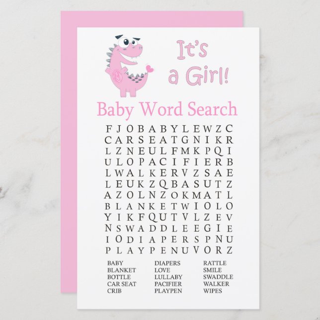 Pink Dinosaur Baby Dusche Word Search Game (Vorne/Hinten)