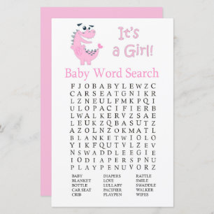 Pink Dinosaur Baby Dusche Word Search Game