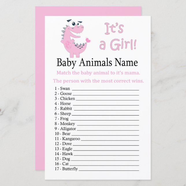Pink Dinosaur Baby Tiere Name Spiel (Vorne/Hinten)