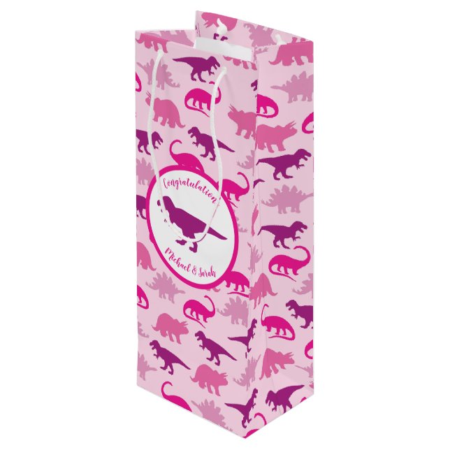 Pink Dinosaur Babydusche Geschenktüte Für Weinflaschen (Rückseite Schrägansicht)