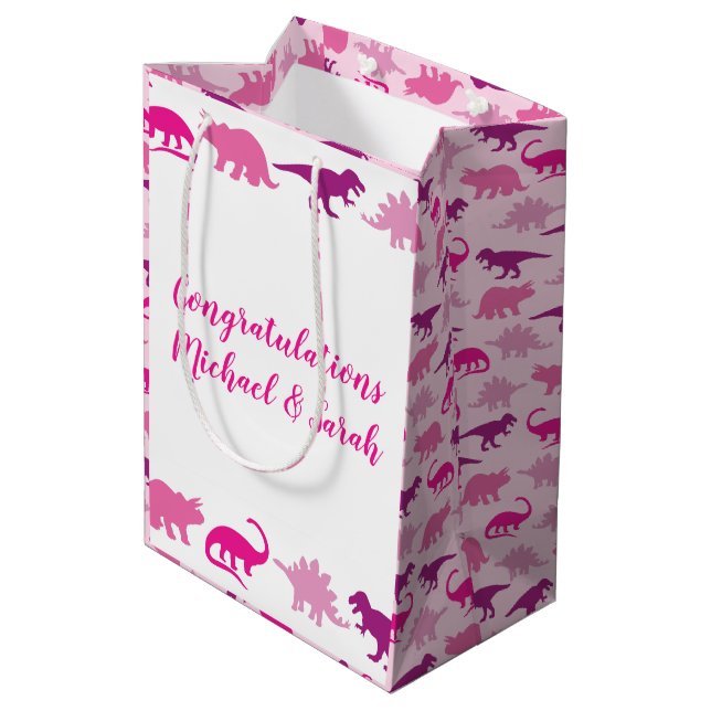 Pink Dinosaur Babydusche Mittlere Geschenktüte (Rückseite Schrägansicht)