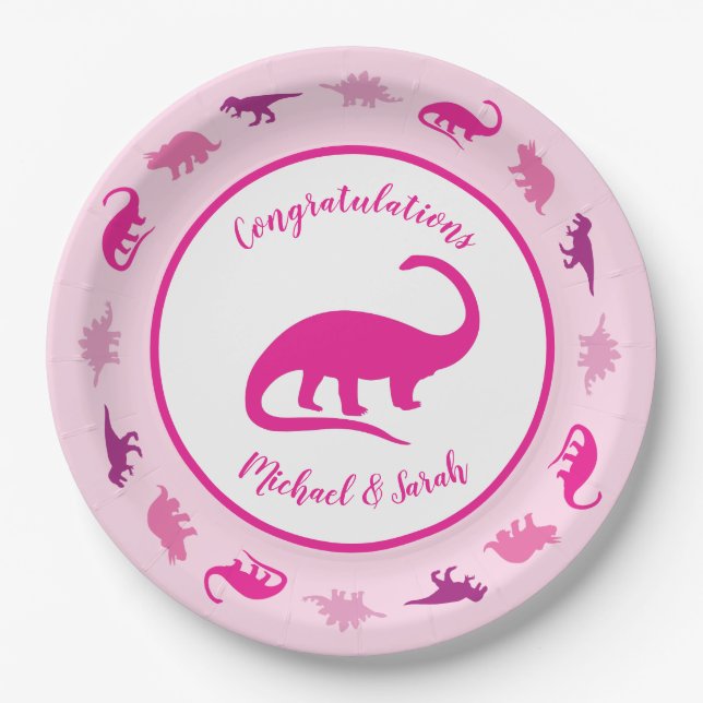Pink Dinosaur Babydusche Pappteller (Vorderseite)