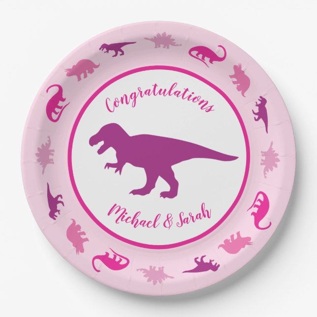Pink Dinosaur Babydusche Pappteller (Vorderseite)