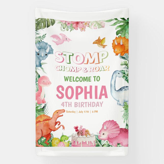 Pink Dinosaur Birthday Einladung Girl Dinosaurier Banner (Vertikal)