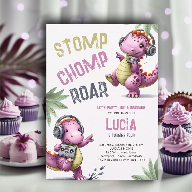 Pink Dinosaur Dance Stomp Chomp Roar Girl Geburtst Einladung (Dinosaur girl birthday invitation dino stomp chomp roar pre historic jungle dance dancing party pink)