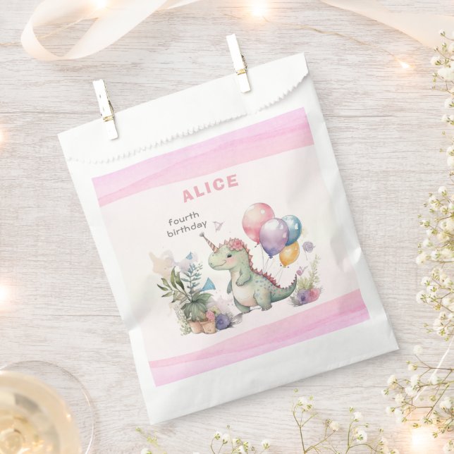 Pink Dinosaur Girl Aquarell Geburtstag Geschenktütchen (Ausgeschnitten)