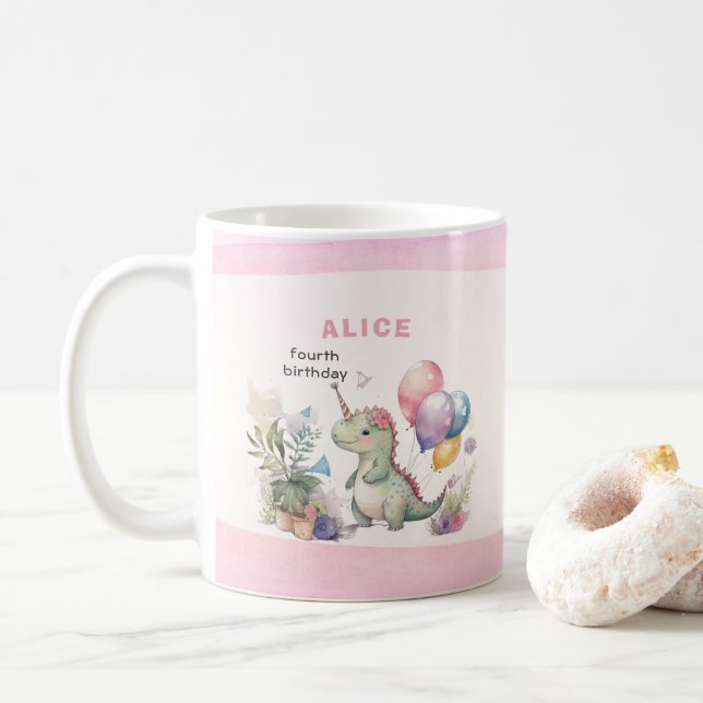 Pink Dinosaur Girl Aquarell Geburtstag Kaffeetasse (Mit Donut)