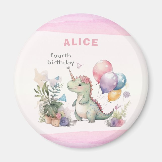 Pink Dinosaur Girl Aquarell Geburtstag Magnet (Vorne)