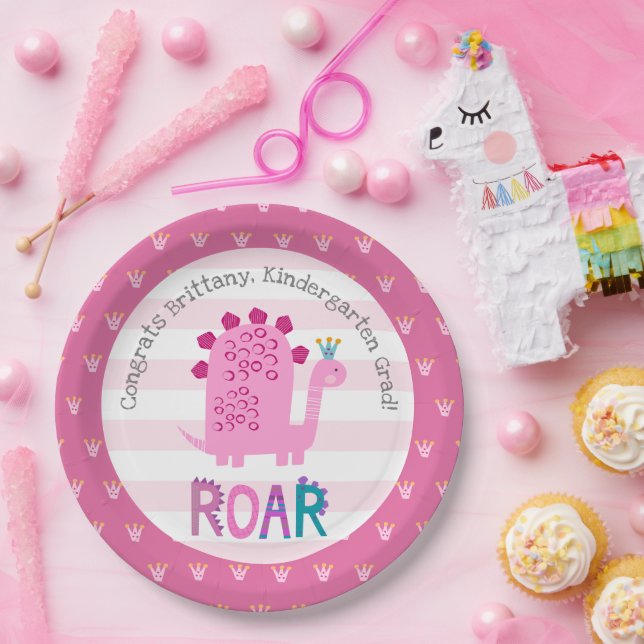 Pink Dinosaur Girl Kindergarten Graduation Playful Pappteller (Party)