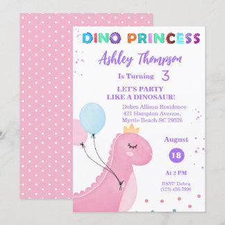 Pink Dinosaur Princess Girls TRex Geburtstagsparty Einladung