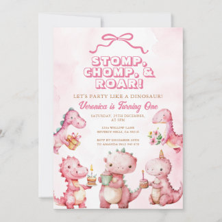 Pink Dinosaur Stomp Chomp Roar 1. Geburtstag Einladung
