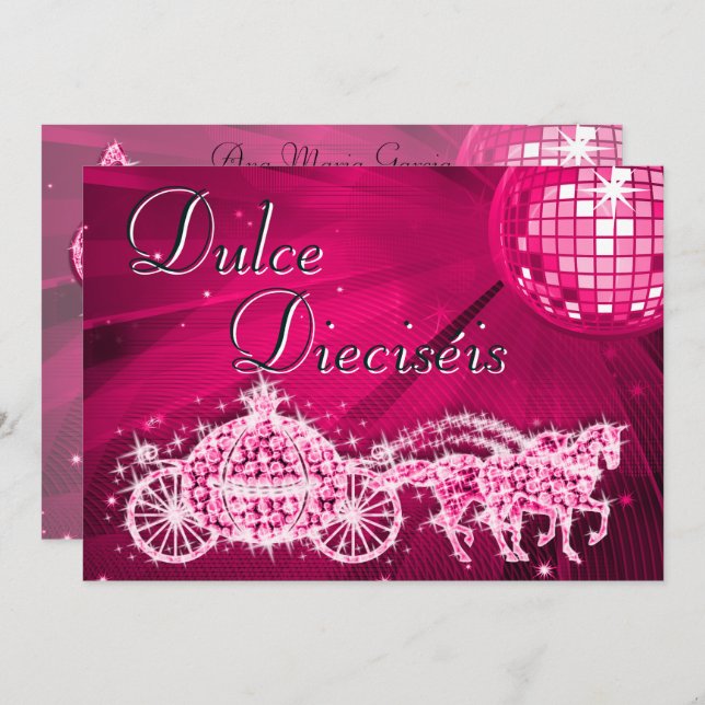 Pink Disco Ball, Princess Coach & Horses Sweet 16 Einladung (Vorne/Hinten)