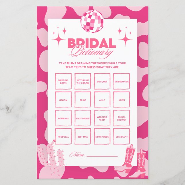 Pink Disco Cowgirl Bridal Pictionary Game Cards (Vorderseite)