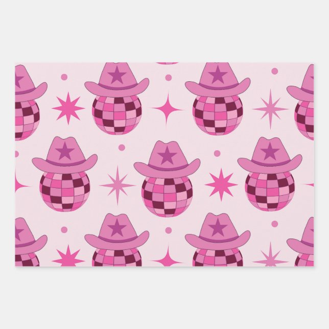 Pink Disco Cowgirl Hutform Muster mit Sternen Geschenkpapier Set (Vorderseite)