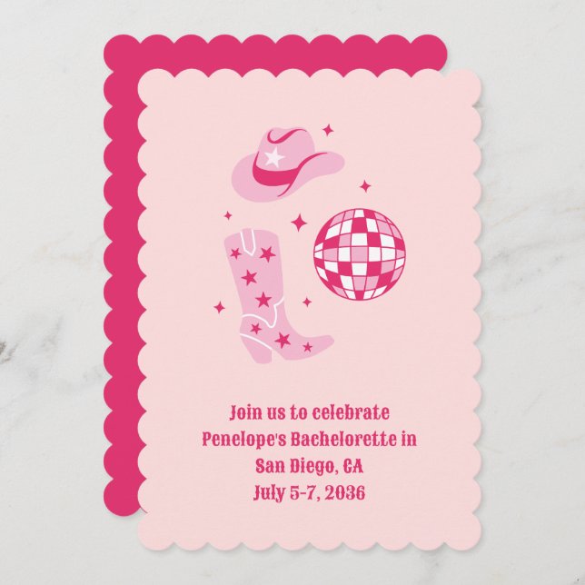 Pink Disco Cowgirl Junggeselinnen-Abschied Einladu Einladung (Vorne/Hinten)